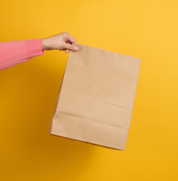 Woman holding in hand brown blank craft paper bag for takeaway on yellow background Packaging template mock up Delivery service concept