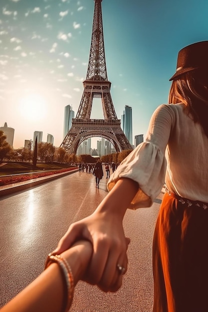 A woman holding a hand in front of the eiffel tower