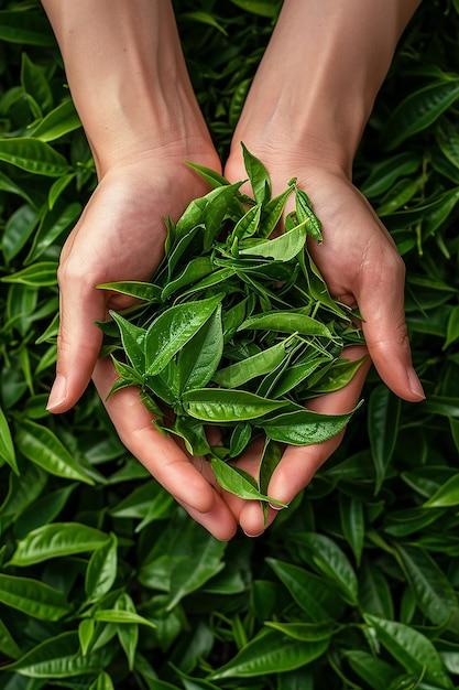 a woman holding a handful of fresh basil leaves