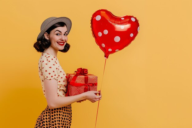 Photo a woman holding a heart shaped balloon with a red box with a heart on it