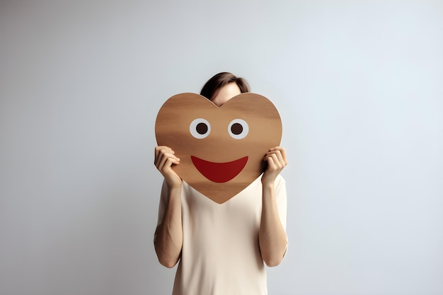 A woman holding a heart shaped cardboard cutout