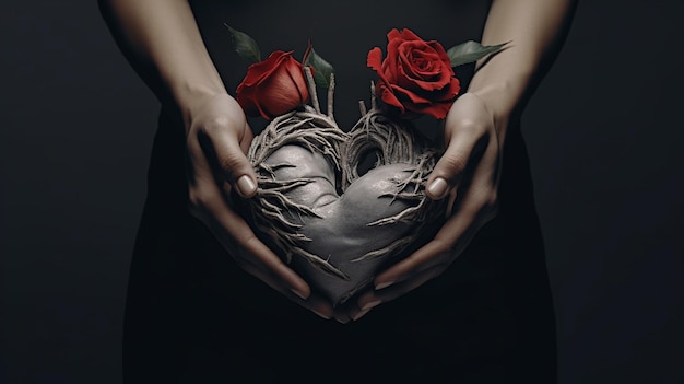 A woman holding a heart with roses on her belly