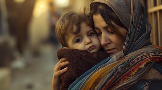 Woman holding her child tightly reflecting the protective instincts of parents during times of crisis and displacement