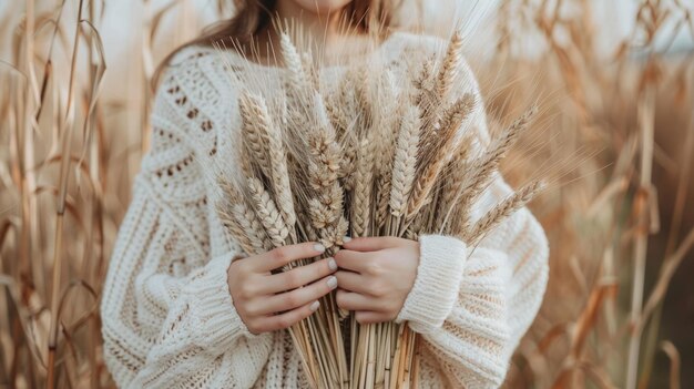 A woman holding in his hands a bunch of ears of wheat the day of thanksgiving