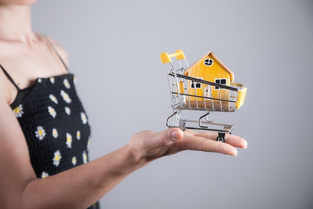 Woman holding house model on the basket