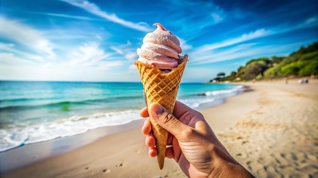 Photo a woman holding an ice cream cone on the beach