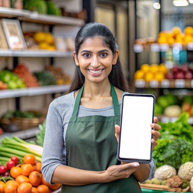 a woman holding an ipad in her hand in front of a display of fruits and vegetables