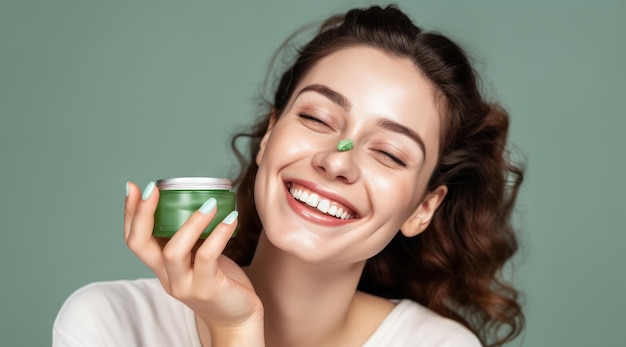 A woman holding a jar of green tea