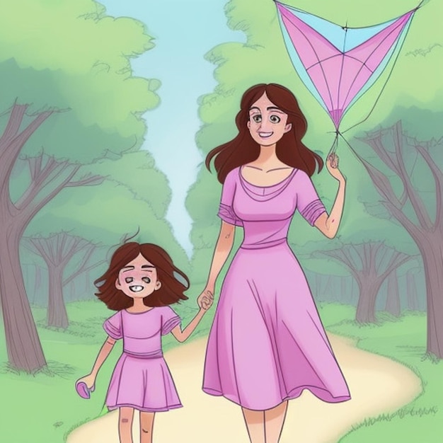 a woman holding a kite with a girl walking in the woods