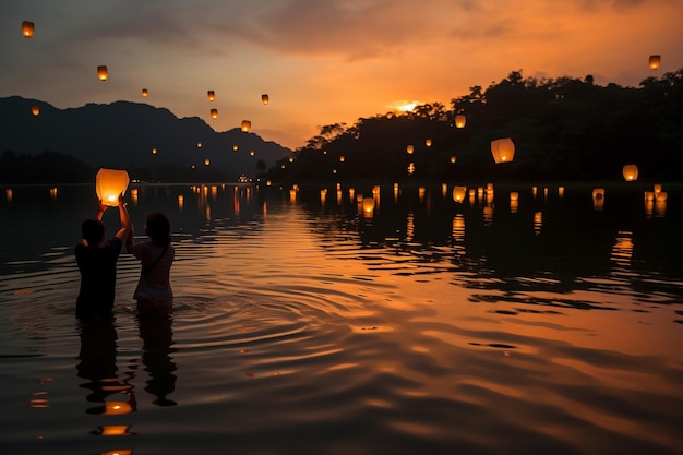 A woman holding a lantern in the water at sunset