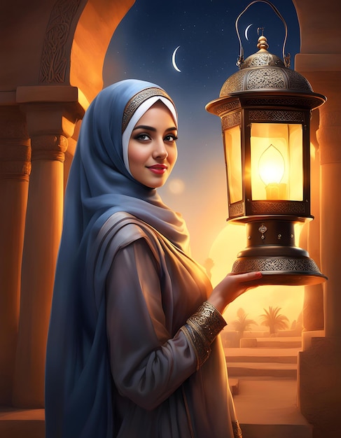 a woman holding a lantern with a light in the background