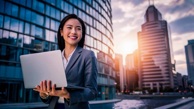 a woman holding a laptop in her hands and a city background