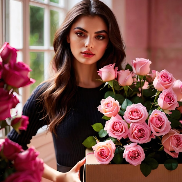 Woman holding a large box with a bouquet of pink roses romantic luxury gift sharing