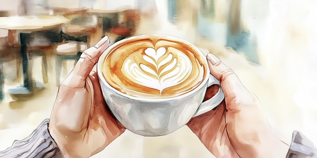 Photo woman holding latte art coffee in cafe watercolor illustration