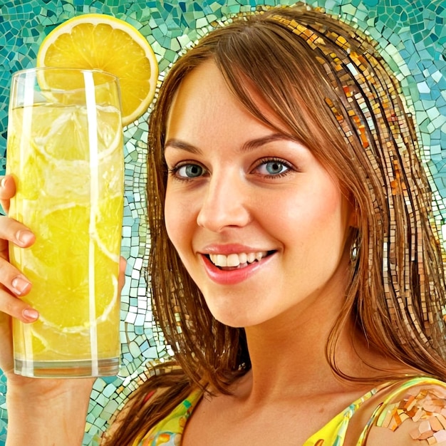 Photo woman holding lemonade with lemon slice