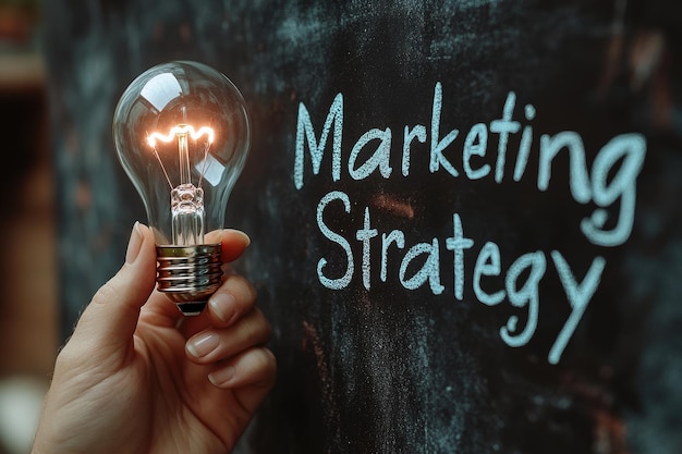 Woman holding light bulb showing marketing strategy on blackboard