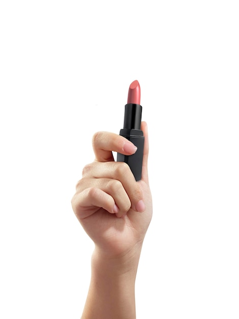 Woman holding lipstick on white background closeup