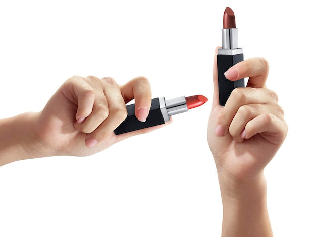 Woman holding lipstick on white background closeup