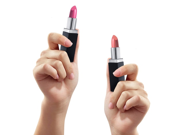 Woman holding lipstick on white background closeup