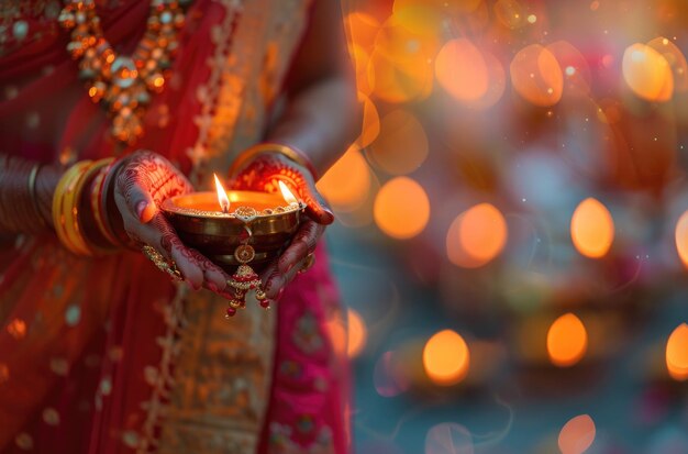 Photo woman holding a lit diya lamp in hands adorned with henna and bangles for diwali celebration