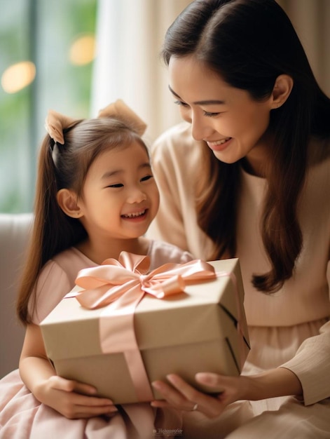 a woman holding a little girl and smiling with a gift box that says  happy birthday