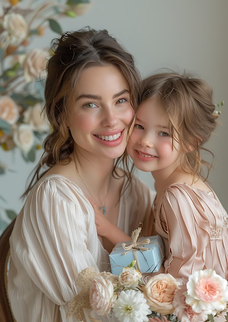 Photo a woman holding a little girl and smiling with a gift in her hand