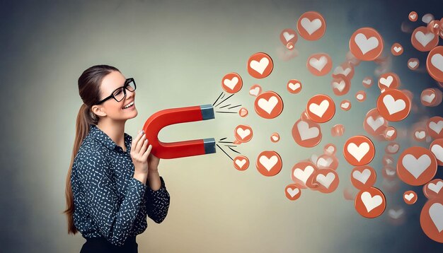 Photo woman holding a magnet attracting likes for social media