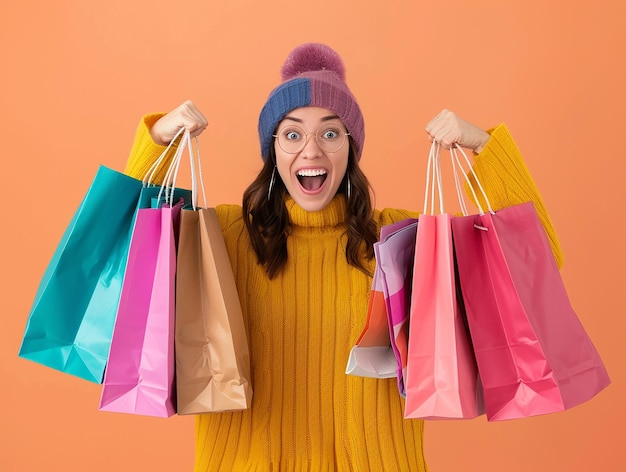 a woman holding many bags with one being surprised