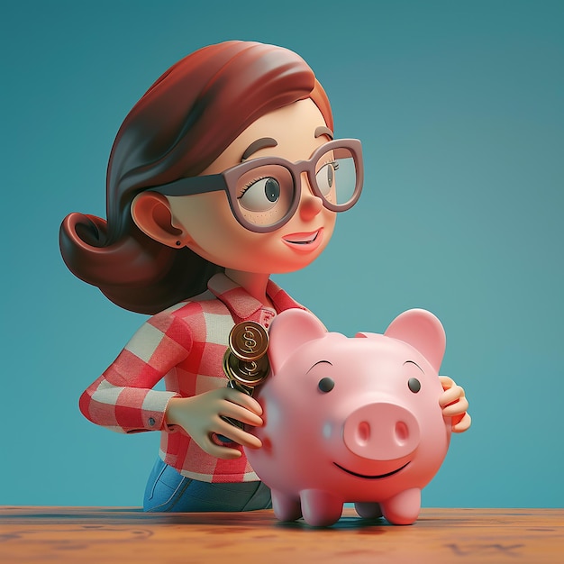 a woman holding a microphone next to a piggy bank