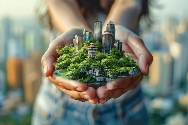 a woman holding a model of a city in her hands