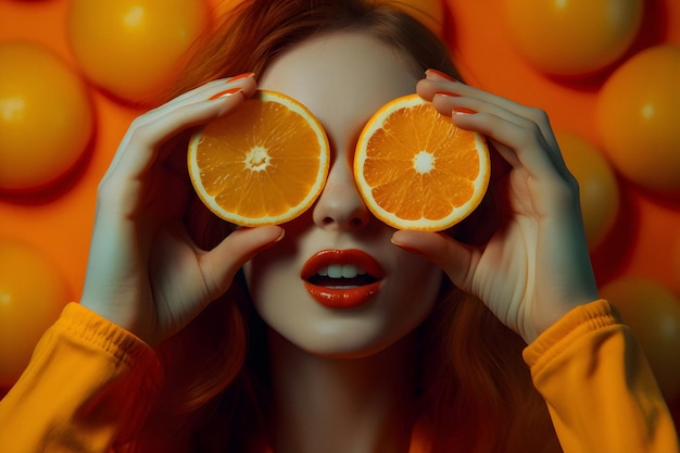 A woman holding an orange over her eyes