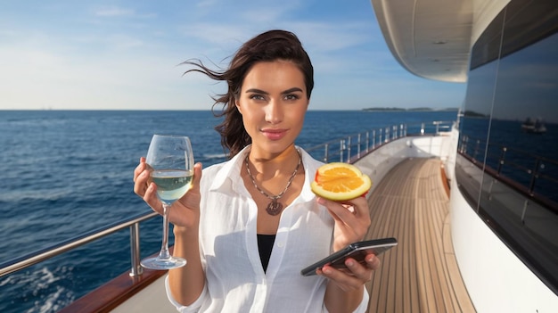 a woman holding an orange and a tablet with a glass of wine