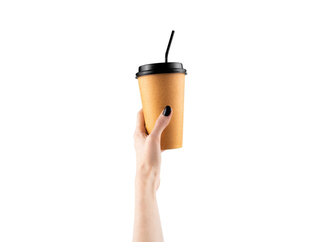 Woman holding paper cup of hot coffee with white background Female hand with black nails