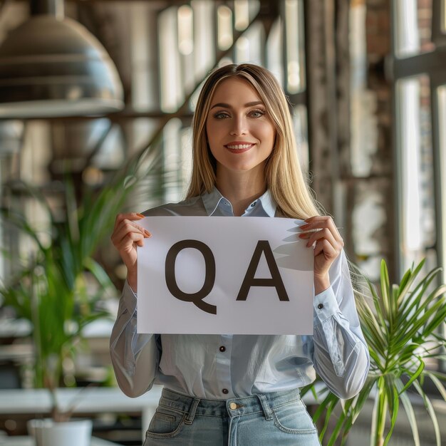 Photo a woman holding a paper that says a on it