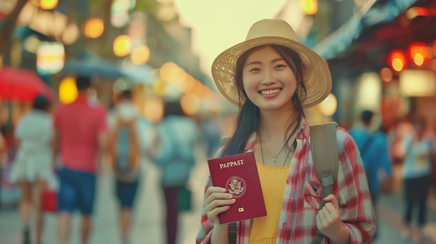 a woman holding a passport and a travel guide