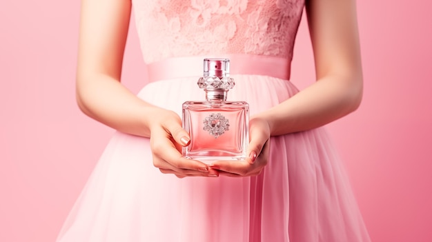 Woman holding perfume bottle in pink dress