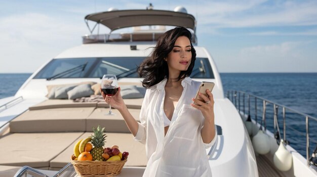 a woman holding a phone next to a boat with a glass of wine