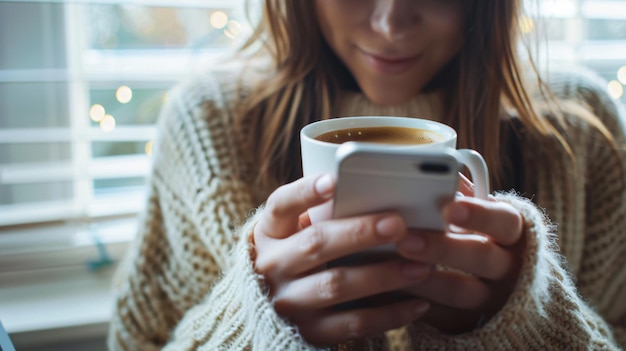 a woman holding a phone and a cup of coffee