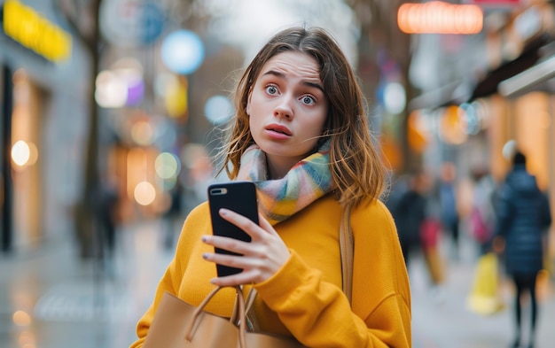 A woman holding a phone and a shopping bag appears puzzled reflecting a moment of curiosity or doubt during her shopping trip Ai Generated