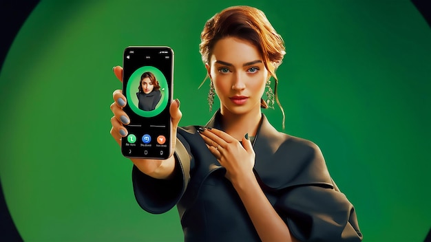 a woman holding a phone that has a picture of a woman on it