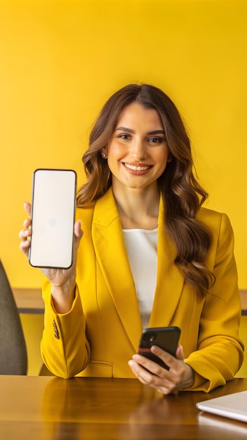 a woman holding a phone that says quot apple quot on it