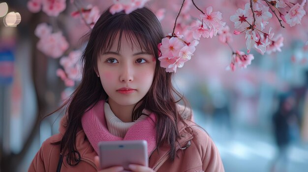 a woman holding a phone with a pink flower on it