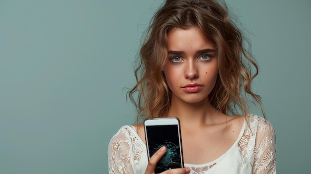 a woman holding a phone with a screen that says  cell phone