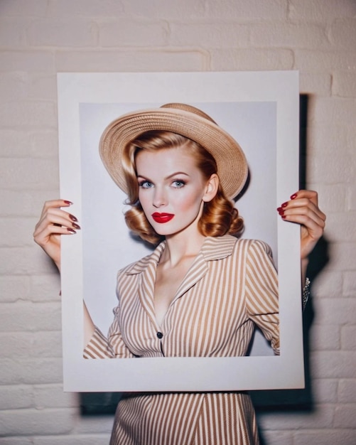 a woman holding a picture of a woman wearing a hat and holding a picture of a woman