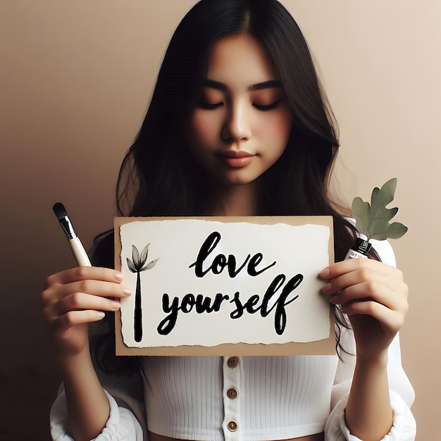 Photo woman holding a piece of paper with love yourself message