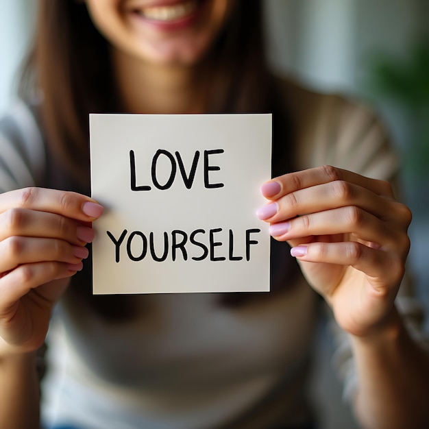 Photo woman holding a piece of paper with love yourself message