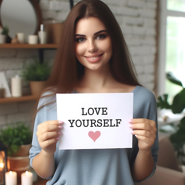 Woman Holding a Piece of Paper with Love Yourself Message