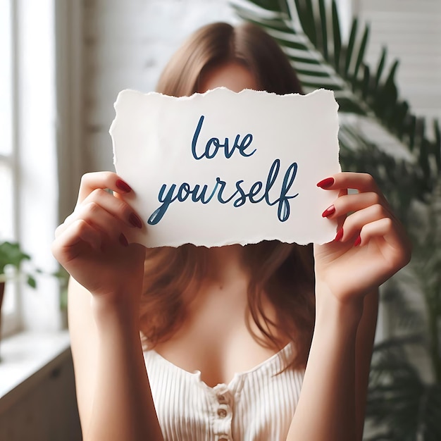 Photo woman holding a piece of paper with love yourself message