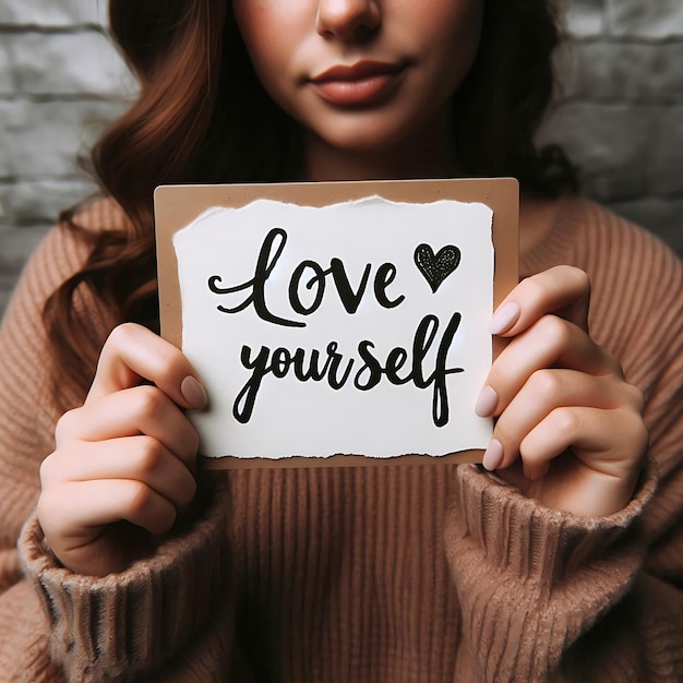 Woman Holding a Piece of Paper with Love Yourself Message