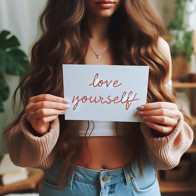 Woman Holding a Piece of Paper with Love Yourself Message